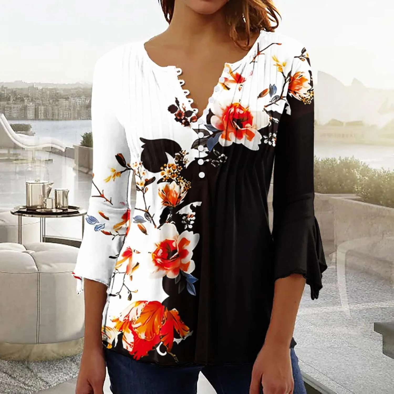 LRMQS 3/4 Length Sleeve Womens Tops 2025 Casual Summer Boho Spring Tunic Shirts Trendy Floral Bohemian Blouses Ladies Clothes