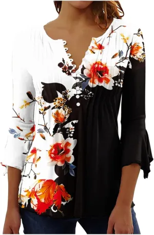 LRMQS 3/4 Length Sleeve Womens Tops 2025 Casual Summer Boho Spring Tunic Shirts Trendy Floral Bohemian Blouses Ladies Clothes