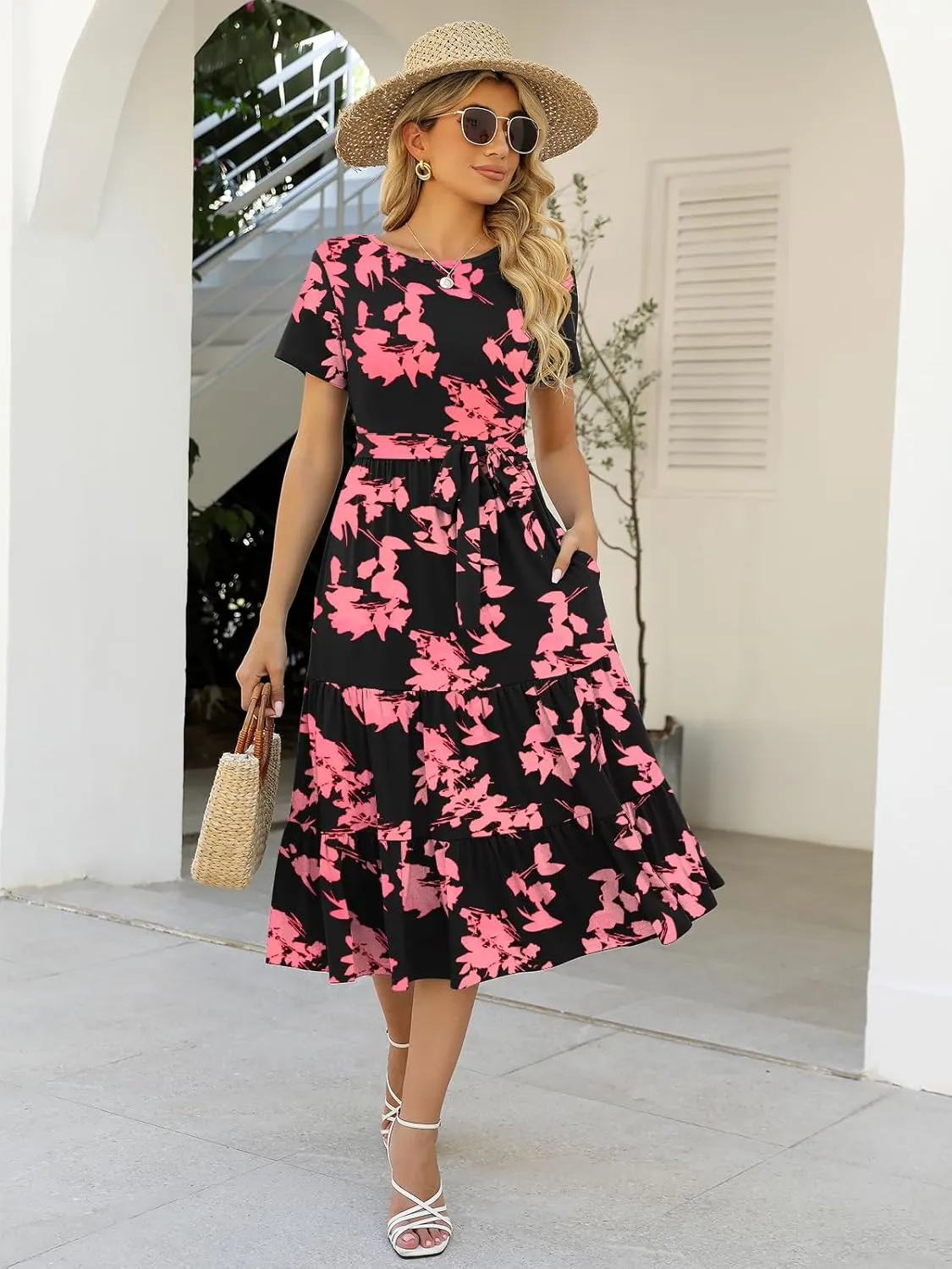 Lyrur Women's Dresses Casual Summer Tiered Midi Dress Short Sleeve Belted Ruffle Babydoll Boho Sundress with Pockets