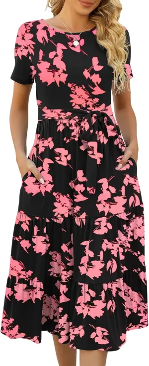 Lyrur Women's Dresses Casual Summer Tiered Midi Dress Short Sleeve Belted Ruffle Babydoll Boho Sundress with Pockets