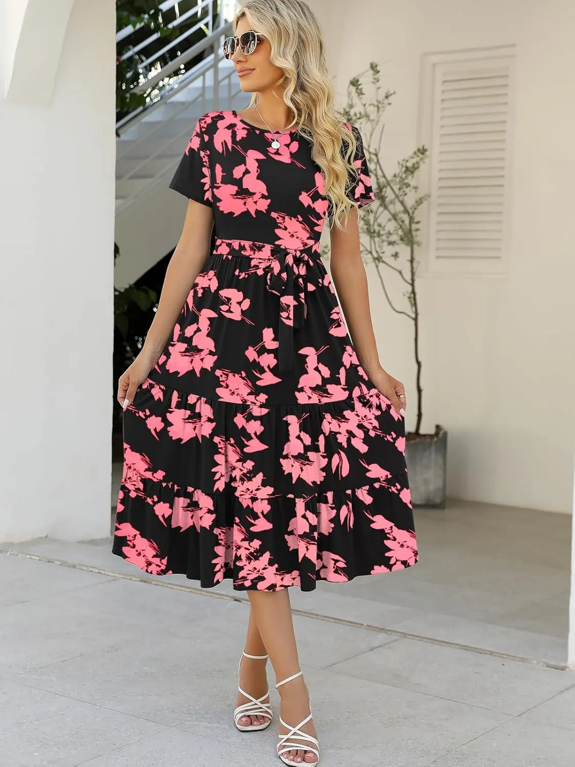 Lyrur Women's Dresses Casual Summer Tiered Midi Dress Short Sleeve Belted Ruffle Babydoll Boho Sundress with Pockets