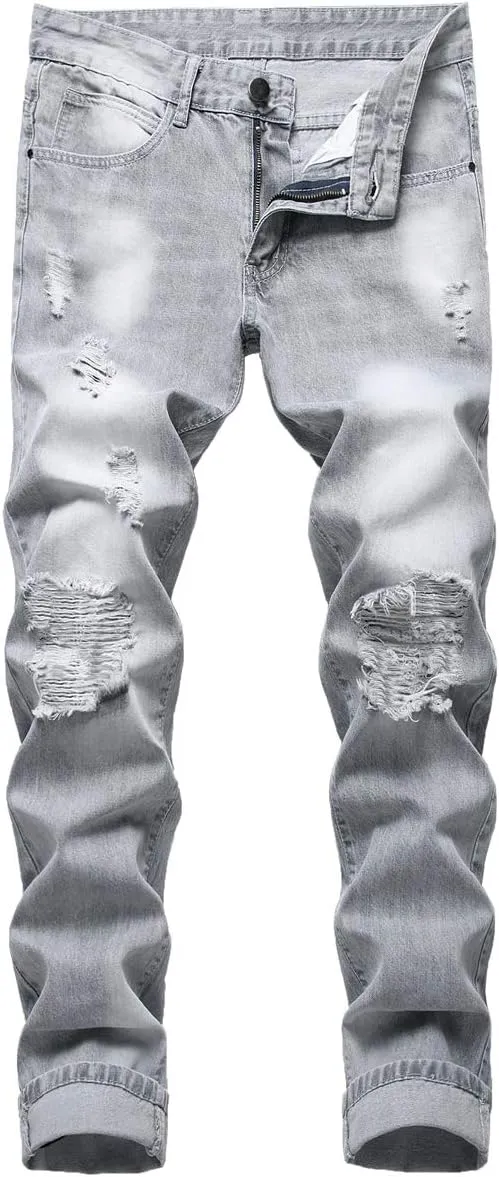 LZLER Mens Ripped Jeans,Distressed Destroyed Slim Fit Straight Leg Denim Pant with Holes