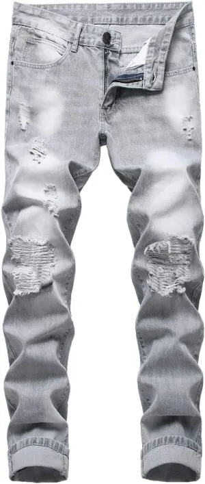 LZLER Mens Ripped Jeans,Distressed Destroyed Slim Fit Straight Leg Denim Pant with Holes