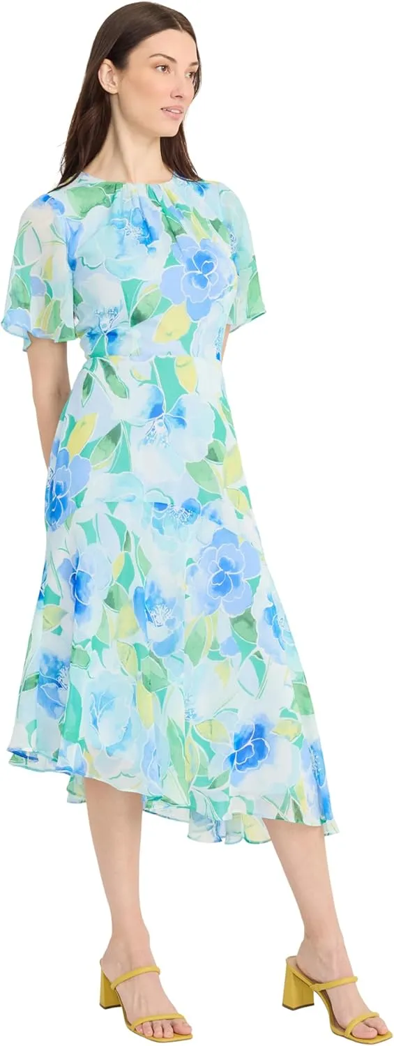 Maggy London Women's Short Flutter Sleeve Fit and Flare Dress with Asymmetric Hem Tier