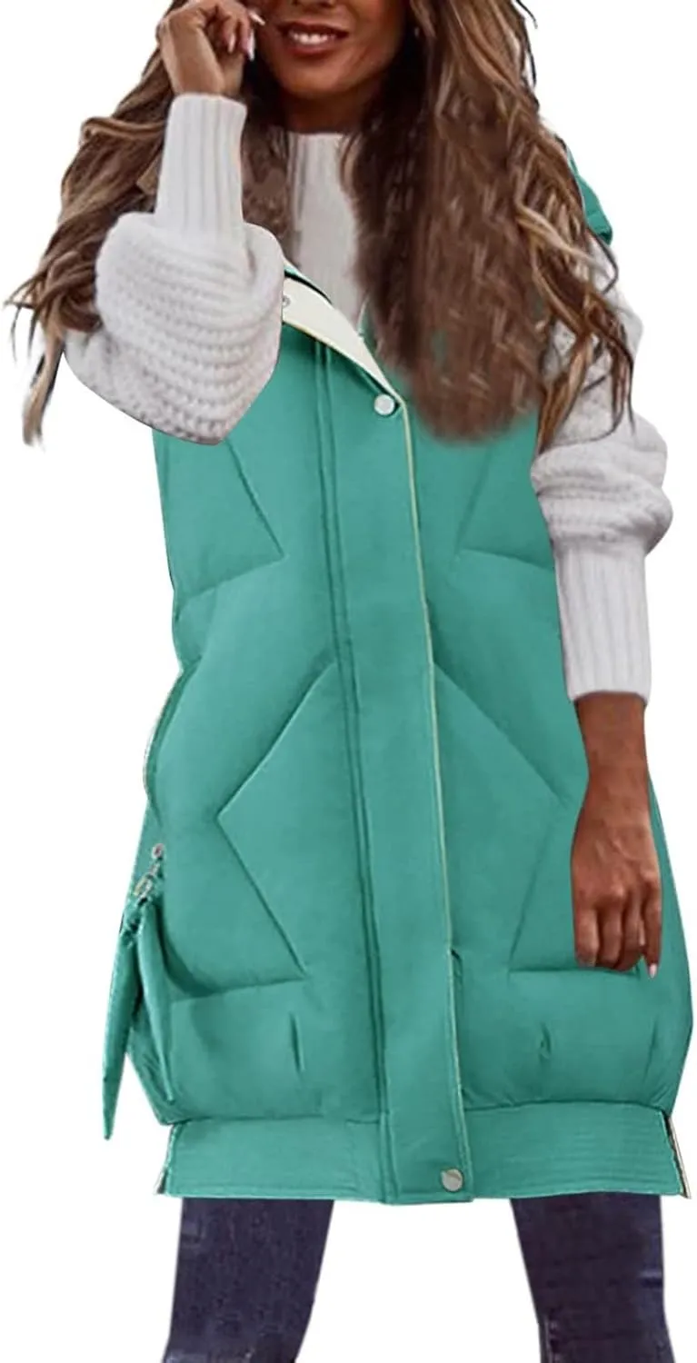 maisdgop Womens Long Puffer Vest Plus Size Zipper Down Jacket Coat 2024 Fashion Winter Cotton Padded Warm Hooded Outerwear