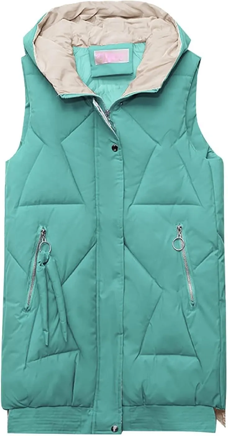 maisdgop Womens Long Puffer Vest Plus Size Zipper Down Jacket Coat 2024 Fashion Winter Cotton Padded Warm Hooded Outerwear