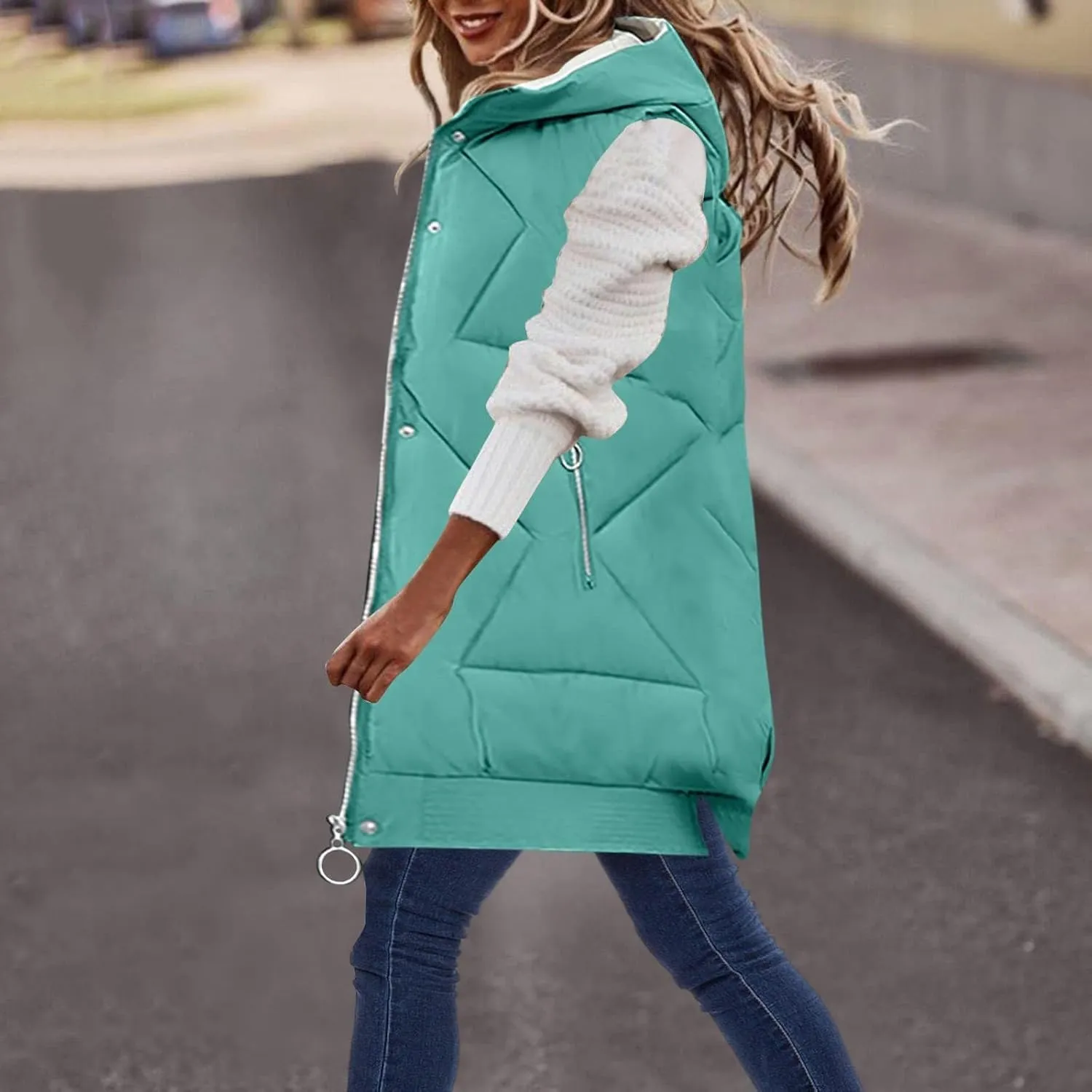 maisdgop Womens Long Puffer Vest Plus Size Zipper Down Jacket Coat 2024 Fashion Winter Cotton Padded Warm Hooded Outerwear