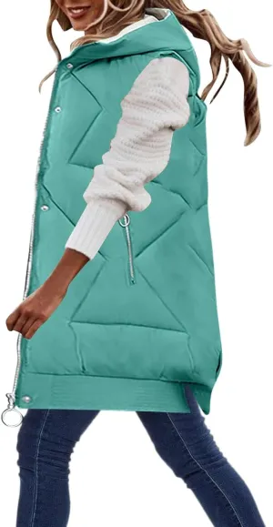 maisdgop Womens Long Puffer Vest Plus Size Zipper Down Jacket Coat 2024 Fashion Winter Cotton Padded Warm Hooded Outerwear