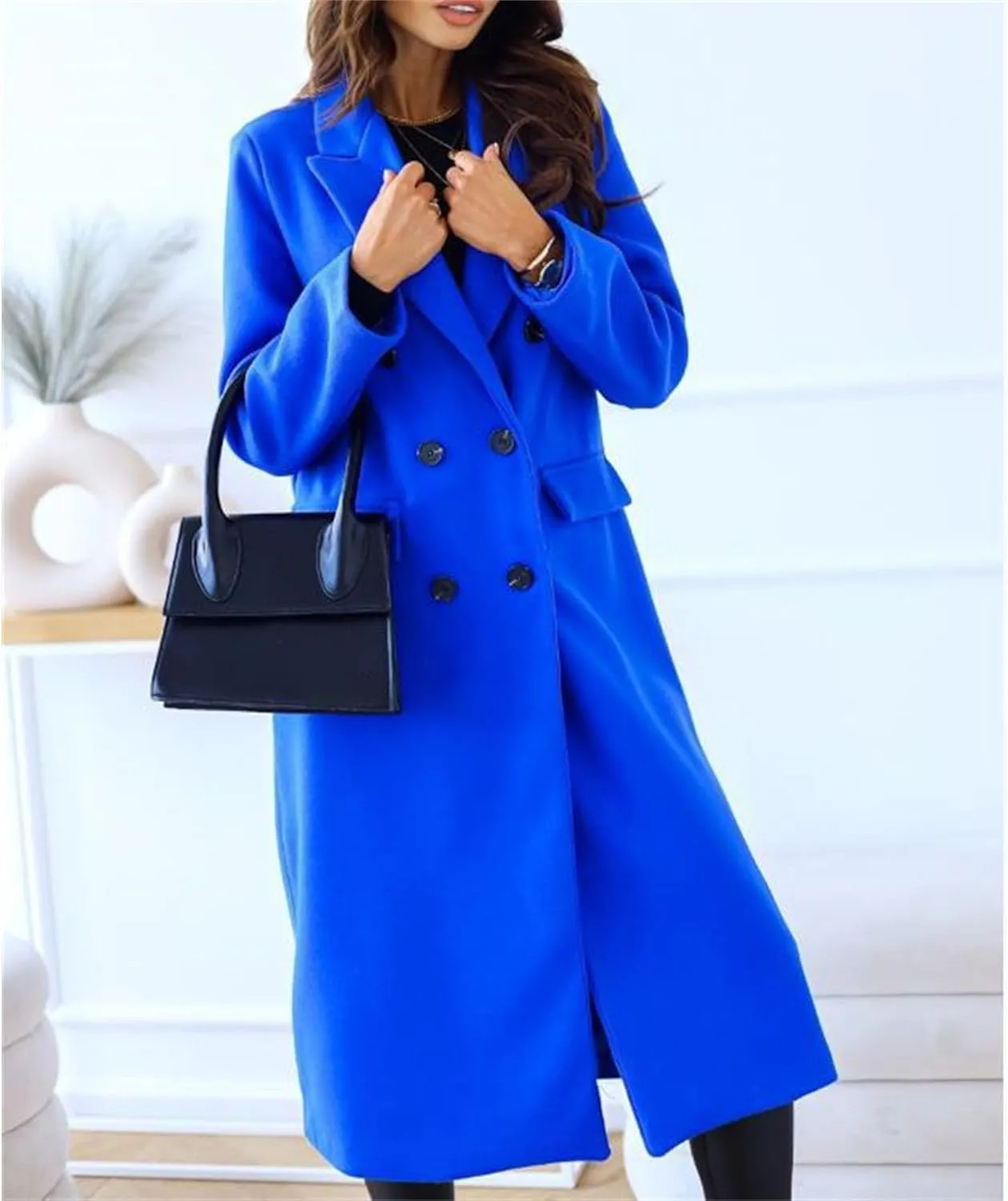 Maiyifu-GJ Wool Blend Coat for Women Notched Collar Double Breasted Trench Coat Fall Winter Elegant Long Jacket Outerwear