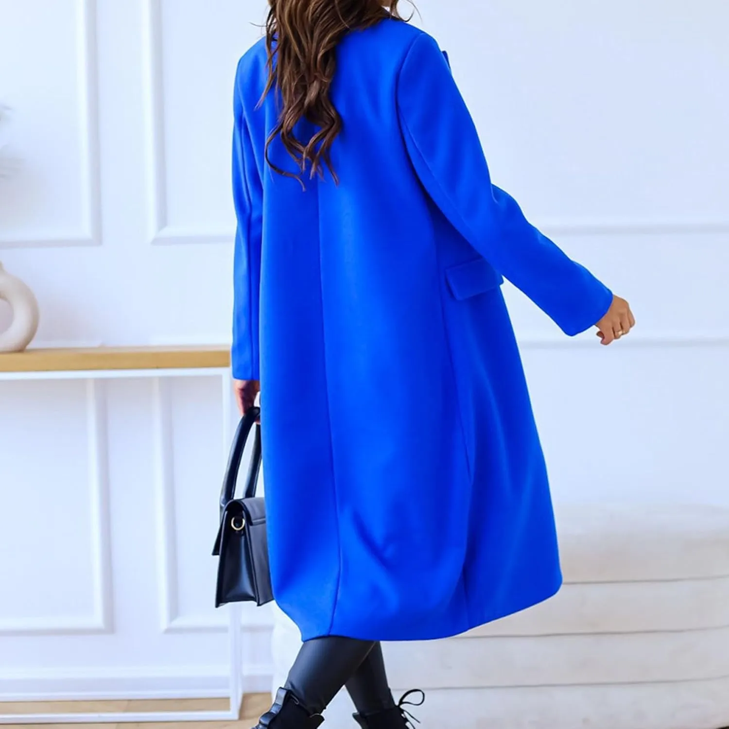 Maiyifu-GJ Wool Blend Coat for Women Notched Collar Double Breasted Trench Coat Fall Winter Elegant Long Jacket Outerwear