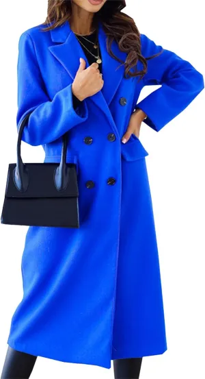 Maiyifu-GJ Wool Blend Coat for Women Notched Collar Double Breasted Trench Coat Fall Winter Elegant Long Jacket Outerwear