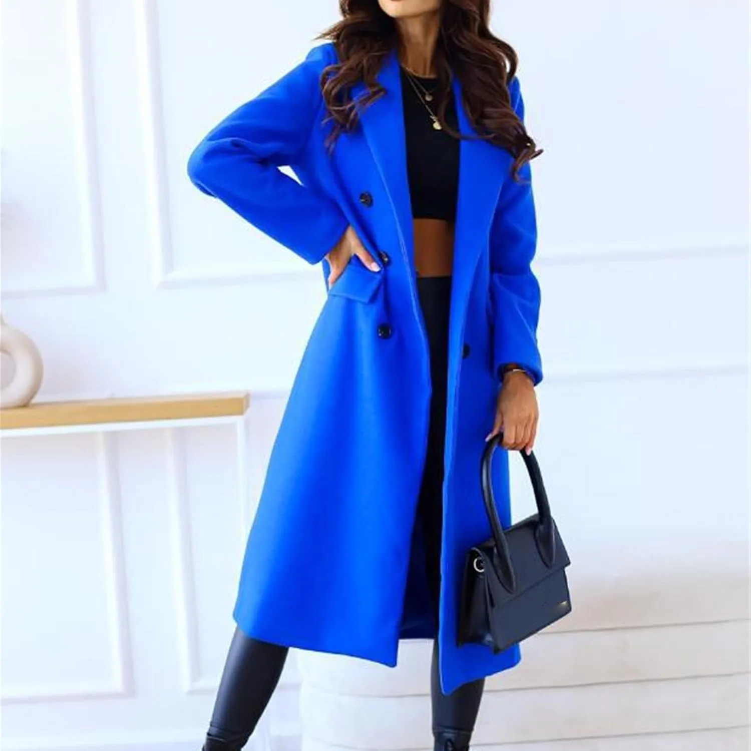 Maiyifu-GJ Wool Blend Coat for Women Notched Collar Double Breasted Trench Coat Fall Winter Elegant Long Jacket Outerwear