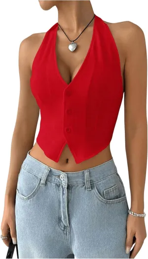 MakeMeChic Women's Button Front Halter Crop Tops Tie Back Fitted Vest Top Suit Vest Waistcoat