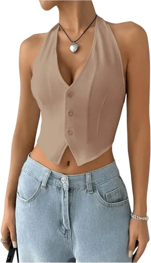 MakeMeChic Women's Button Front Halter Crop Tops Tie Back Fitted Vest Top Suit Vest Waistcoat