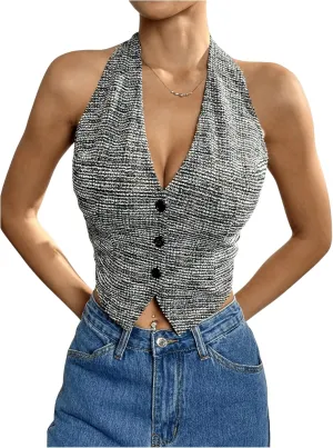 MakeMeChic Women's Button Front Halter Crop Tops Tie Back Fitted Vest Top Suit Vest Waistcoat