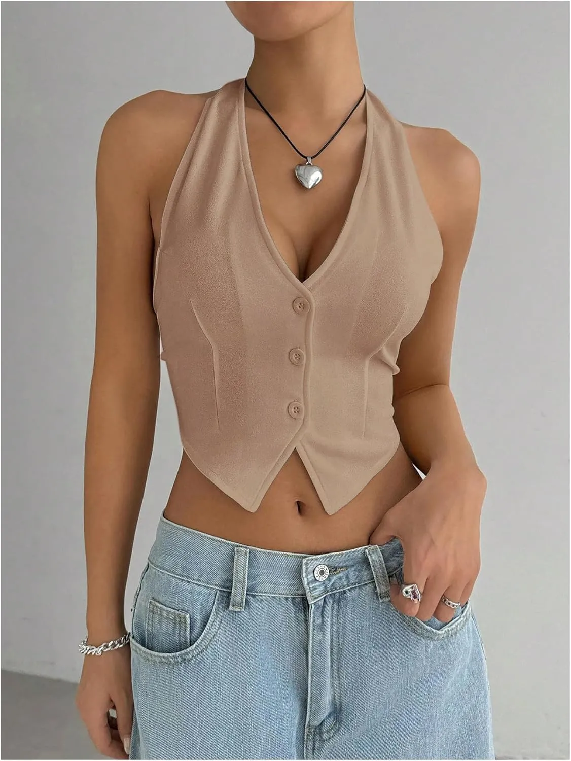 MakeMeChic Women's Button Front Halter Crop Tops Tie Back Fitted Vest Top Suit Vest Waistcoat