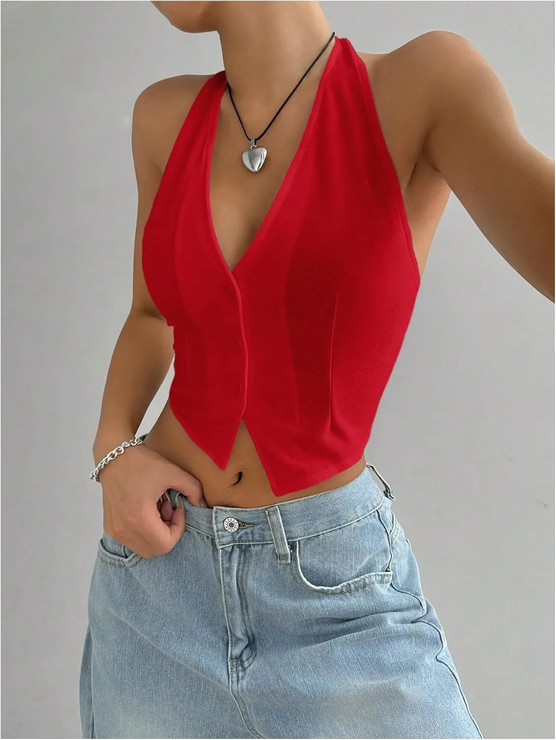 MakeMeChic Women's Button Front Halter Crop Tops Tie Back Fitted Vest Top Suit Vest Waistcoat