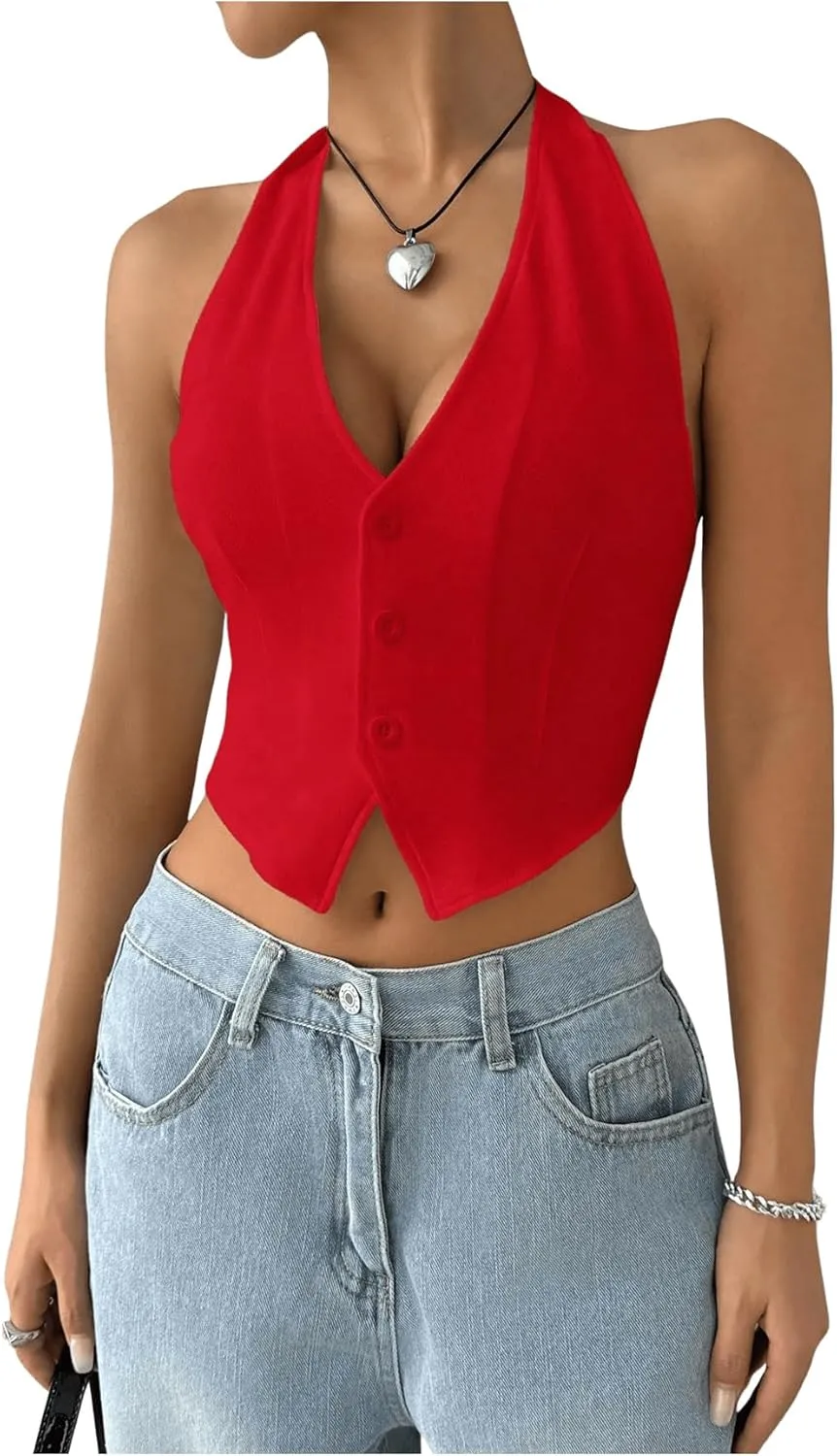 MakeMeChic Women's Button Front Halter Crop Tops Tie Back Fitted Vest Top Suit Vest Waistcoat