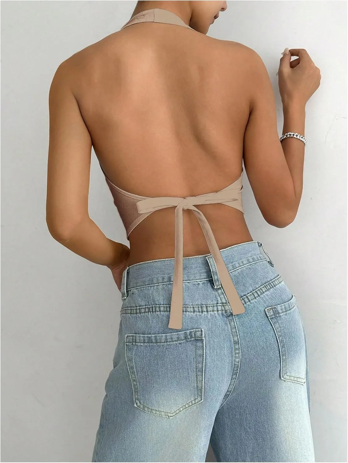 MakeMeChic Women's Button Front Halter Crop Tops Tie Back Fitted Vest Top Suit Vest Waistcoat