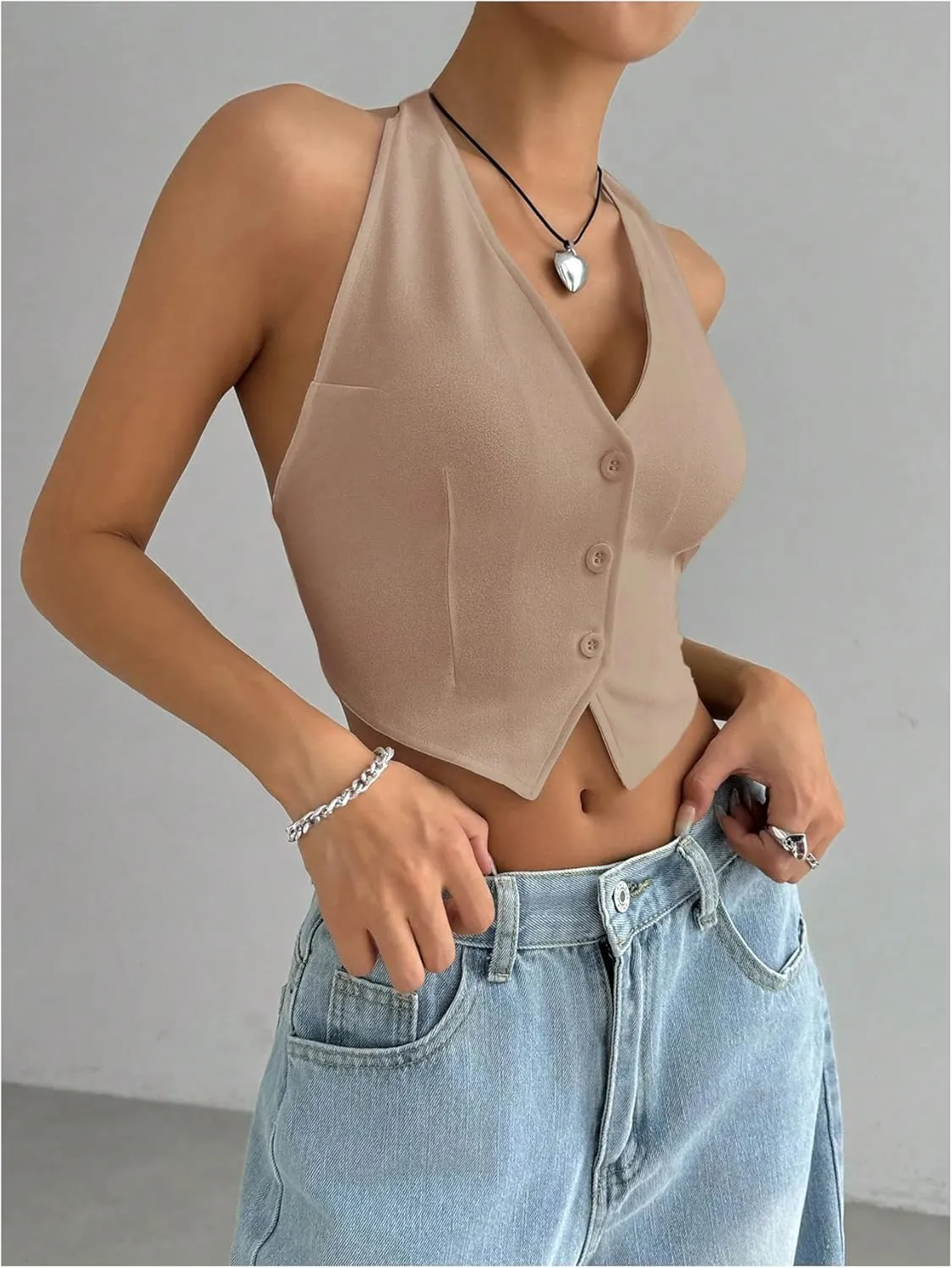 MakeMeChic Women's Button Front Halter Crop Tops Tie Back Fitted Vest Top Suit Vest Waistcoat