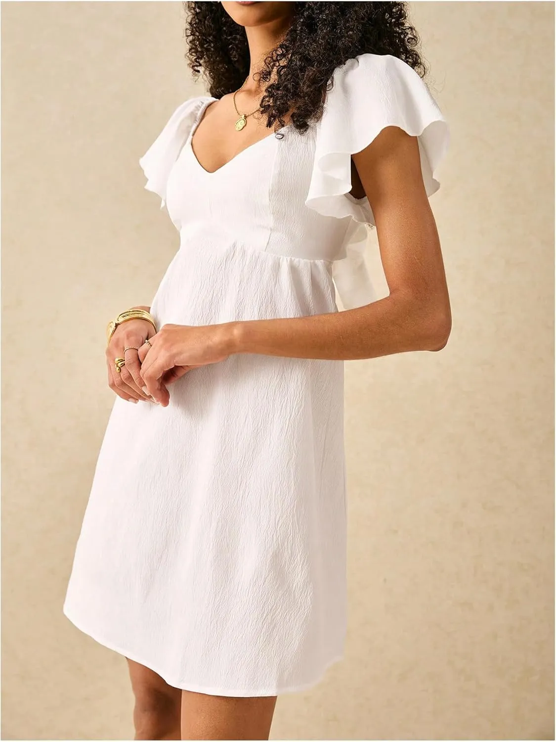MakeMeChic Women's Ruffle Sleeve Dress Knot Back Cut Out Summer Mini Dresses