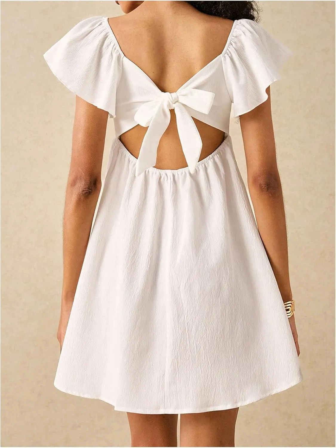 MakeMeChic Women's Ruffle Sleeve Dress Knot Back Cut Out Summer Mini Dresses