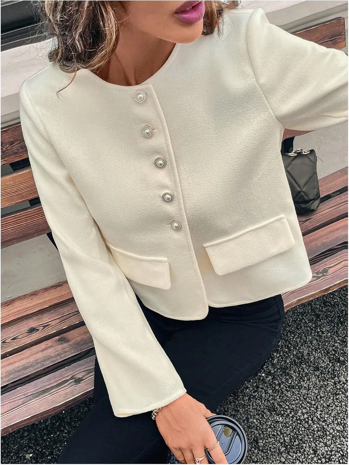 MakeMeChic Women's Tweed Button Down Blazer Long Sleeve Crew Neck Work Office Jacket Outwear