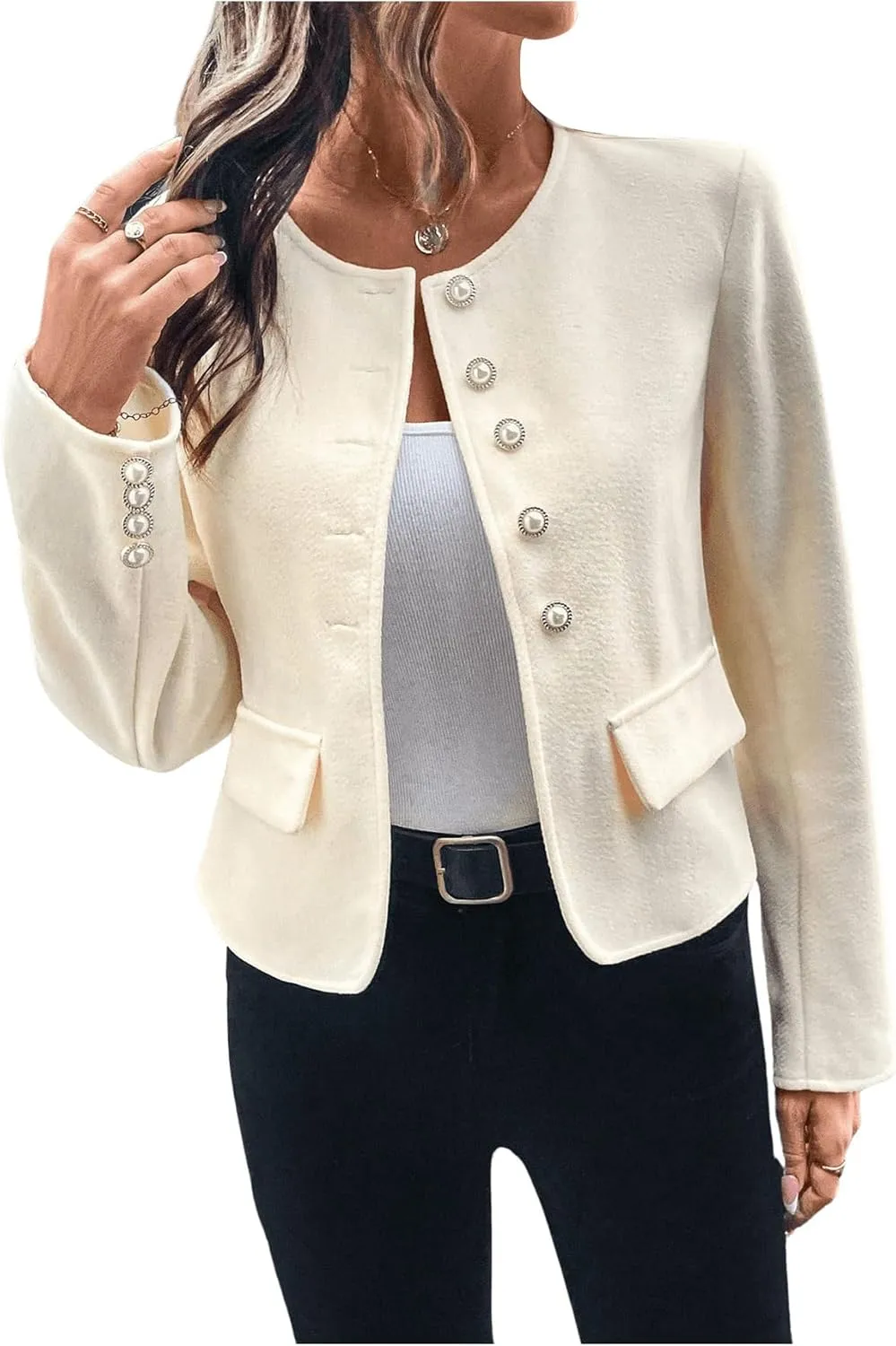 MakeMeChic Women's Tweed Button Down Blazer Long Sleeve Crew Neck Work Office Jacket Outwear