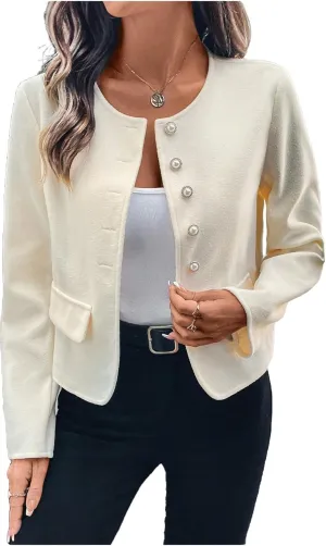 MakeMeChic Women's Tweed Button Down Blazer Long Sleeve Crew Neck Work Office Jacket Outwear