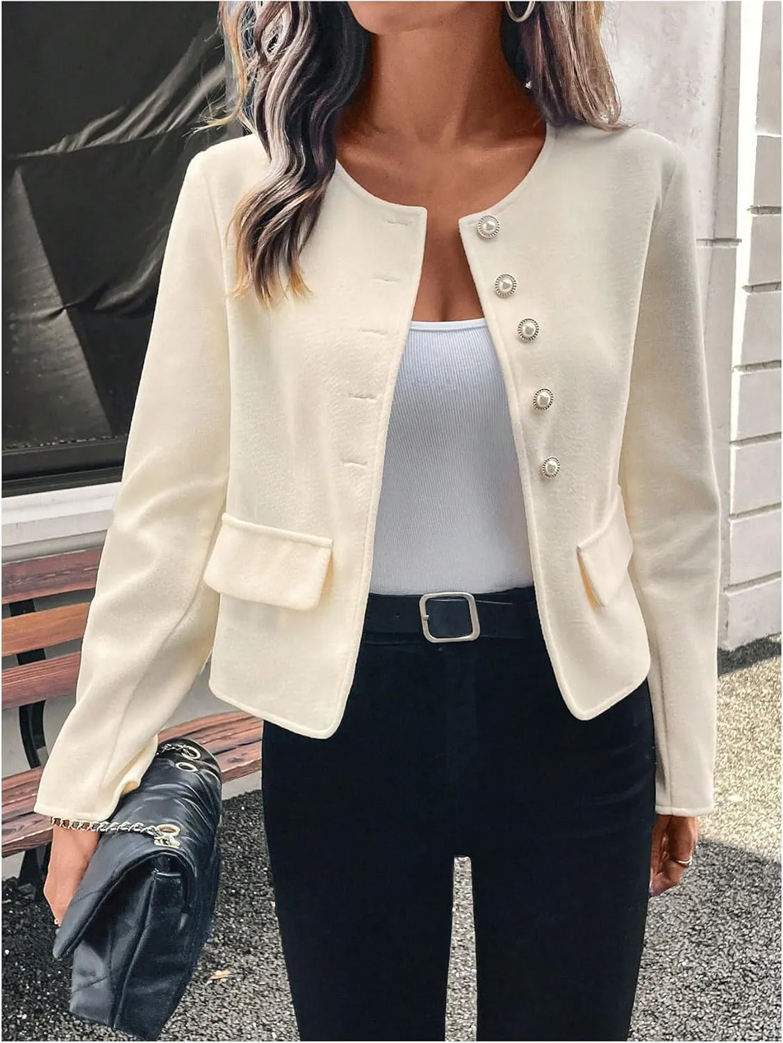 MakeMeChic Women's Tweed Button Down Blazer Long Sleeve Crew Neck Work Office Jacket Outwear
