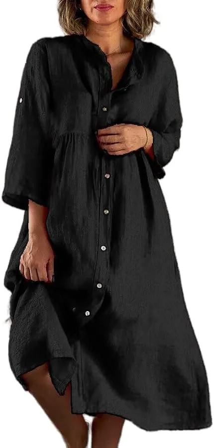 MARSVOVO Womens Plus Size Linen Cotton Casual Loose Summer Dress Comfy Knee Length Tshirt Dresses with Pockets