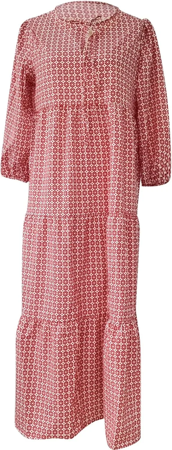 Maxi Dresses for Women 2025 Puff Half Sleeve Summer Midi Dresses Loose V Neck Flowy Geometric Floral Boho Beach Dress