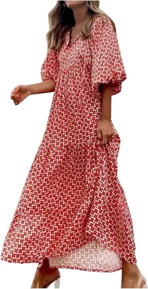 Maxi Dresses for Women 2025 Puff Half Sleeve Summer Midi Dresses Loose V Neck Flowy Geometric Floral Boho Beach Dress