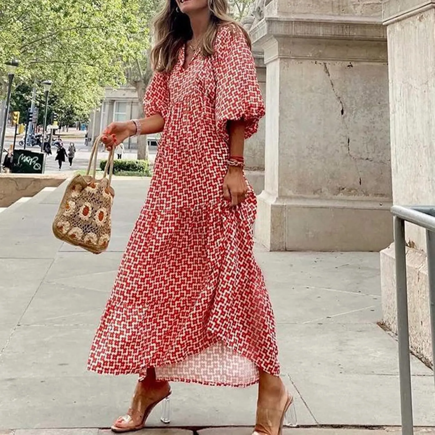 Maxi Dresses for Women 2025 Puff Half Sleeve Summer Midi Dresses Loose V Neck Flowy Geometric Floral Boho Beach Dress