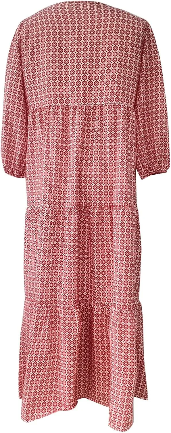 Maxi Dresses for Women 2025 Puff Half Sleeve Summer Midi Dresses Loose V Neck Flowy Geometric Floral Boho Beach Dress