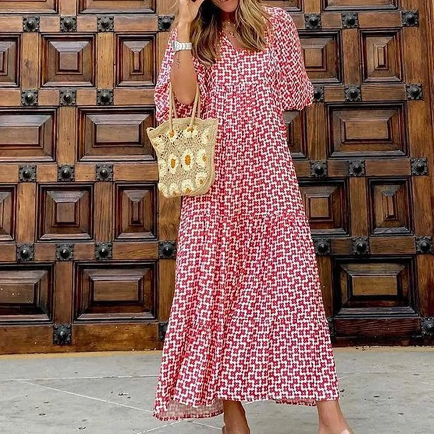 Maxi Dresses for Women 2025 Puff Half Sleeve Summer Midi Dresses Loose V Neck Flowy Geometric Floral Boho Beach Dress