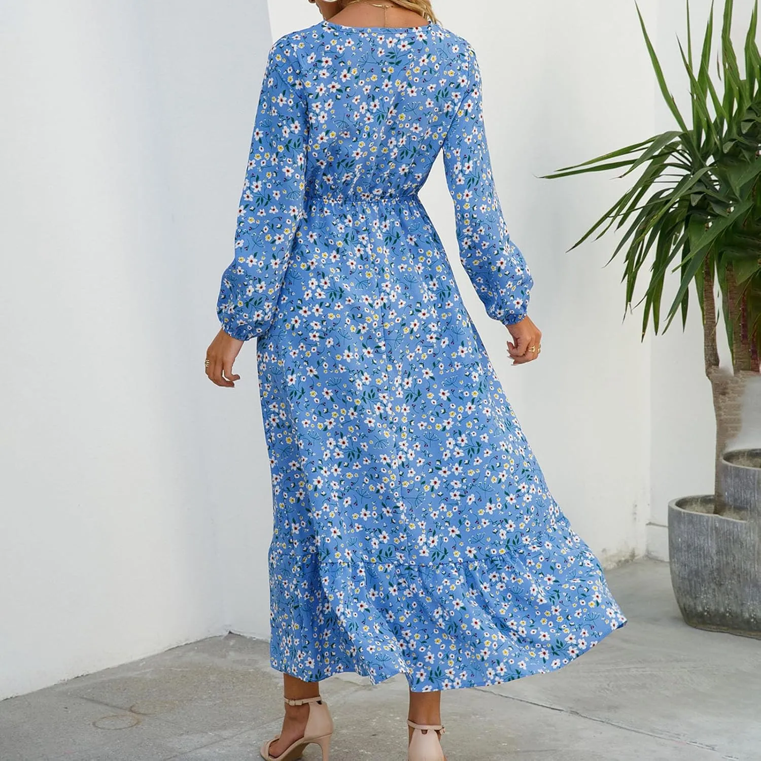 Maxi Dresses for Women Fall Small Floral Printed Elastic Waist Ruffle Hem Dress Long Sleeve Comfy Flowy Long Dresses