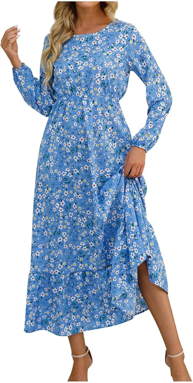 Maxi Dresses for Women Fall Small Floral Printed Elastic Waist Ruffle Hem Dress Long Sleeve Comfy Flowy Long Dresses