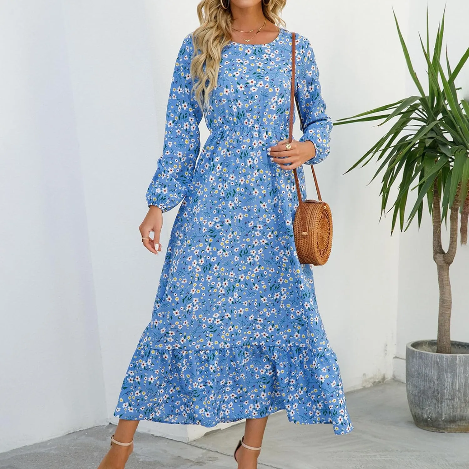 Maxi Dresses for Women Fall Small Floral Printed Elastic Waist Ruffle Hem Dress Long Sleeve Comfy Flowy Long Dresses