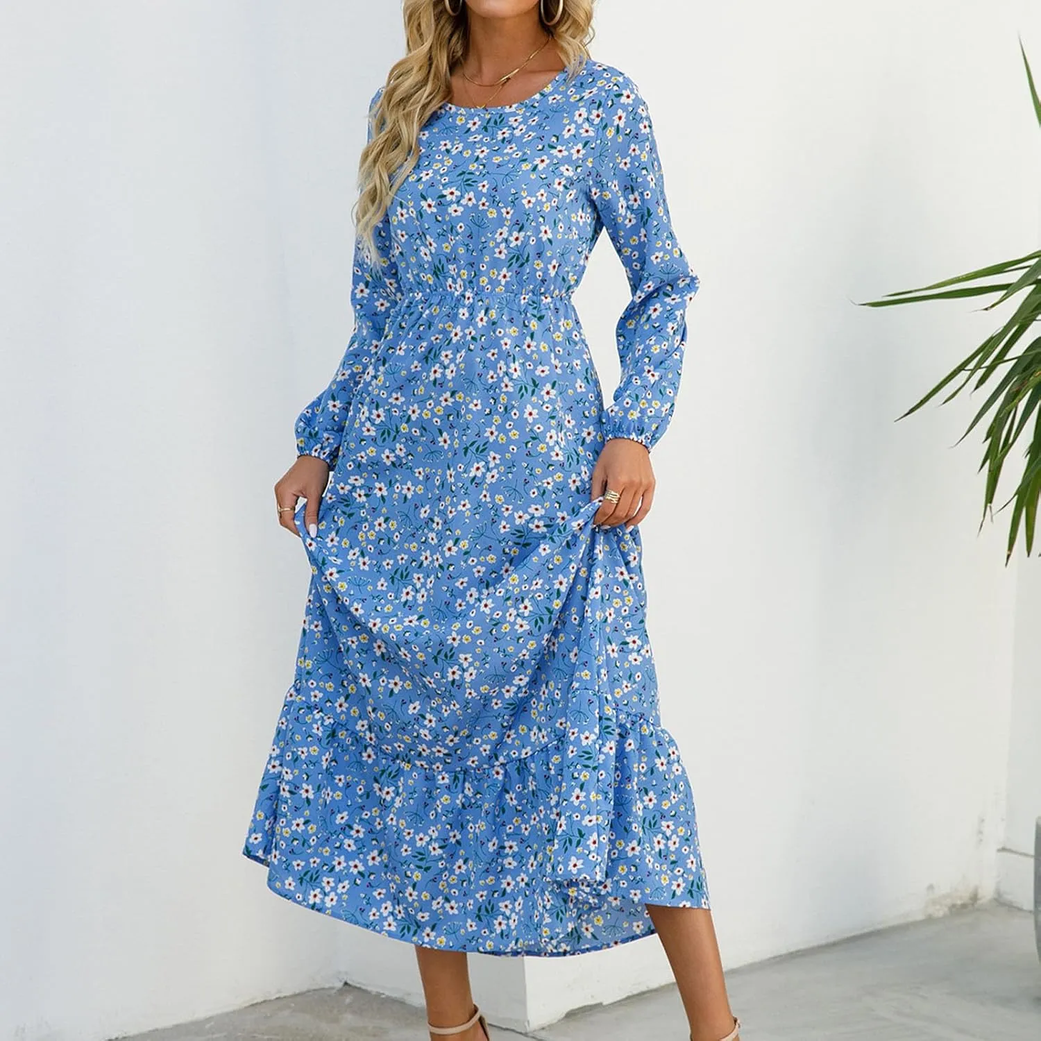 Maxi Dresses for Women Fall Small Floral Printed Elastic Waist Ruffle Hem Dress Long Sleeve Comfy Flowy Long Dresses