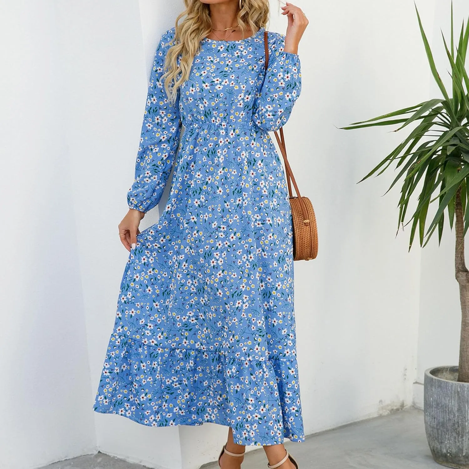 Maxi Dresses for Women Fall Small Floral Printed Elastic Waist Ruffle Hem Dress Long Sleeve Comfy Flowy Long Dresses