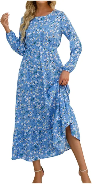 Maxi Dresses for Women Fall Small Floral Printed Elastic Waist Ruffle Hem Dress Long Sleeve Comfy Flowy Long Dresses