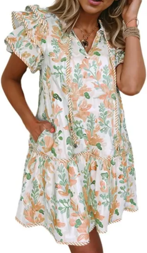 Melliflo Women's Boho Floral Print A Line Dress Striped Rim Layered Mini Dresses V Neck Ruffle Short Sleeve Sundress