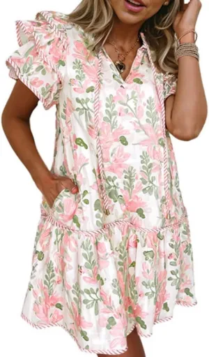 Melliflo Women's Boho Floral Print A Line Dress Striped Rim Layered Mini Dresses V Neck Ruffle Short Sleeve Sundress