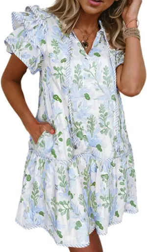 Melliflo Women's Boho Floral Print A Line Dress Striped Rim Layered Mini Dresses V Neck Ruffle Short Sleeve Sundress