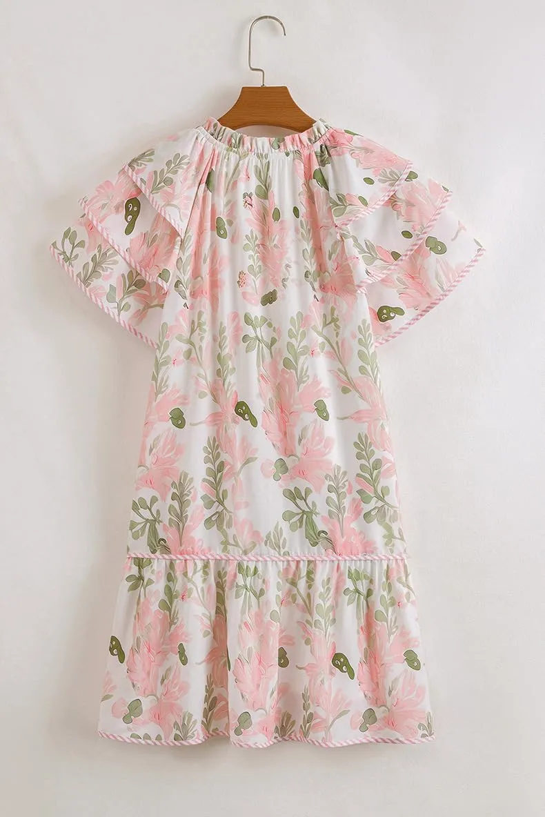 Melliflo Women's Boho Floral Print A Line Dress Striped Rim Layered Mini Dresses V Neck Ruffle Short Sleeve Sundress