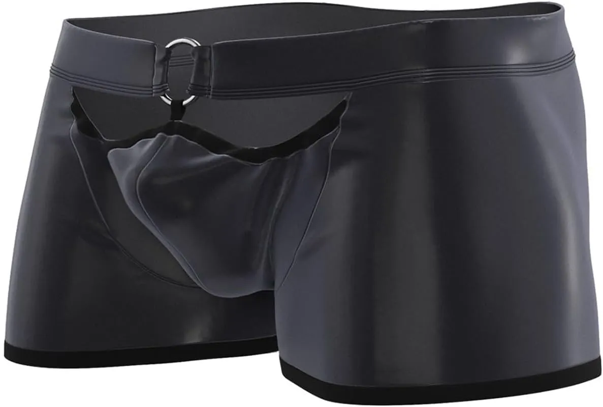 Men's Low Rise Matte Faux Leather Boxer Briefs with Front Cutout Soft Stretchy Tight Fit Underwear for Clubwear