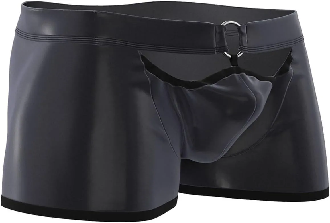 Men's Low Rise Matte Faux Leather Boxer Briefs with Front Cutout Soft Stretchy Tight Fit Underwear for Clubwear