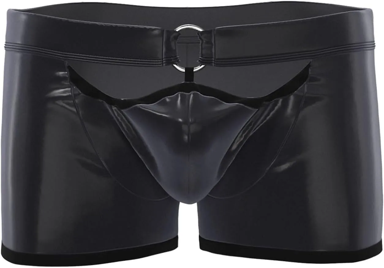 Men's Low Rise Matte Faux Leather Boxer Briefs with Front Cutout Soft Stretchy Tight Fit Underwear for Clubwear