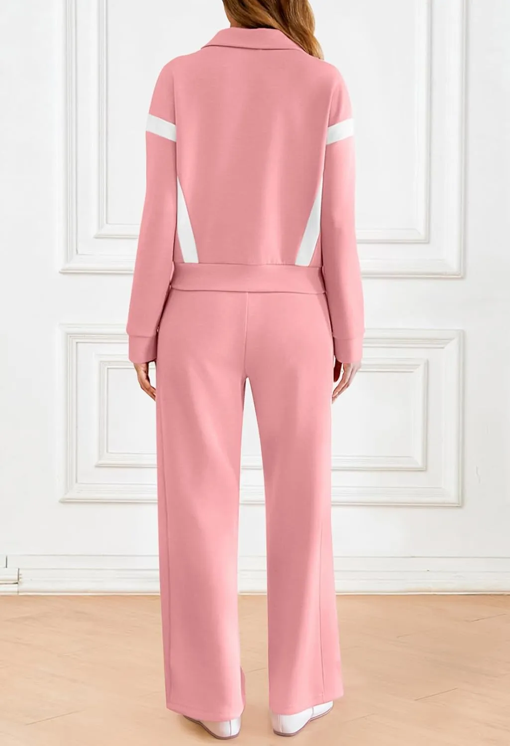 MEROKEETY Women's 2 Piece Outfits Color Block Sweatsuit Zip Up Sweatshirt Wide Leg Sweatpant Tracksuit Lounge Travel Set